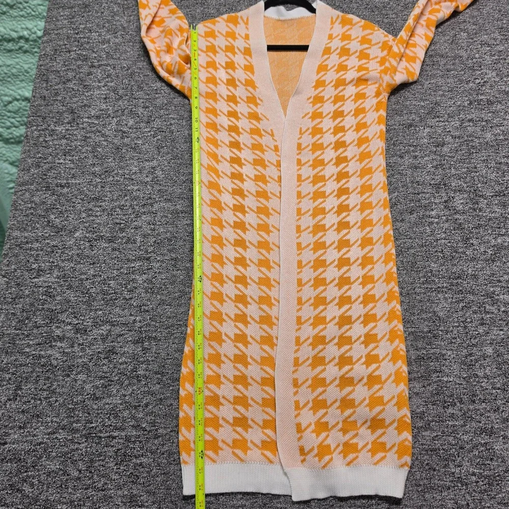 Cardigan Womens Small Orange Houndstooth Longline Open Front
